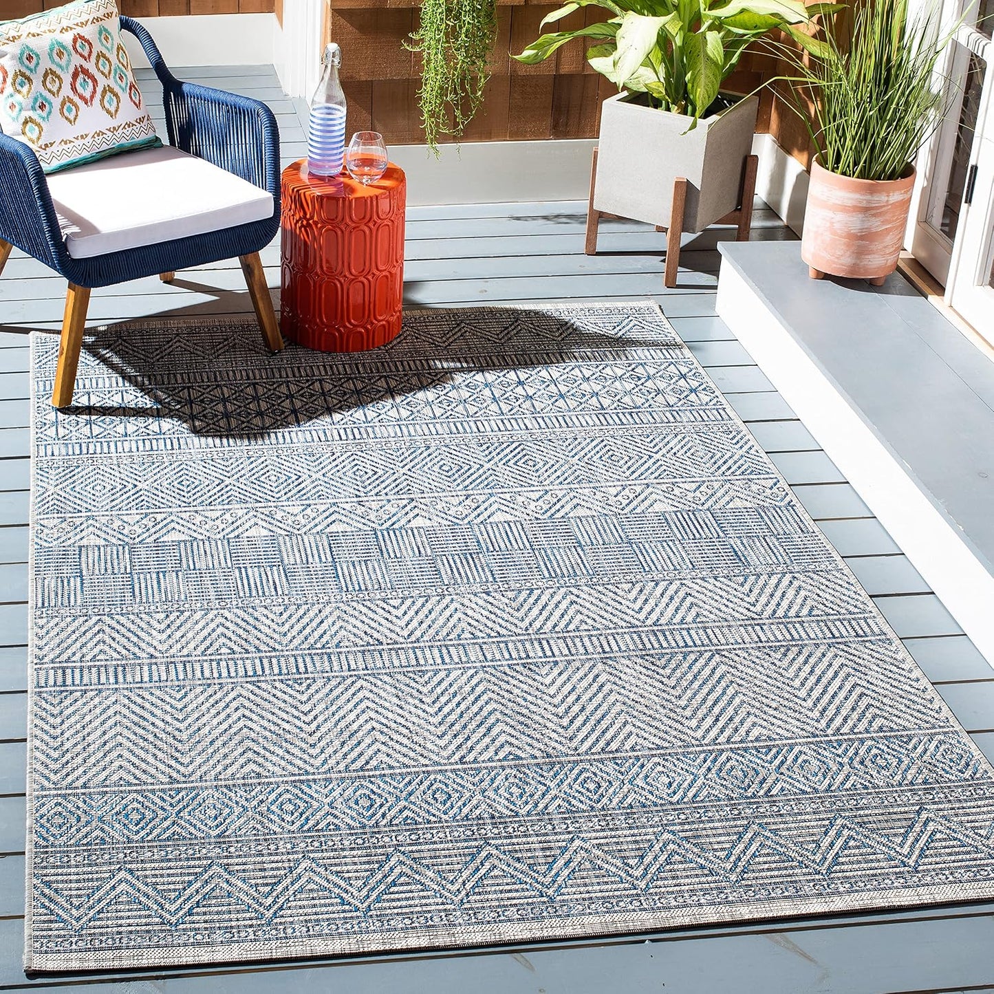 Alfombra decorativa impermeable 5.3x7.7ft gris y azul marino