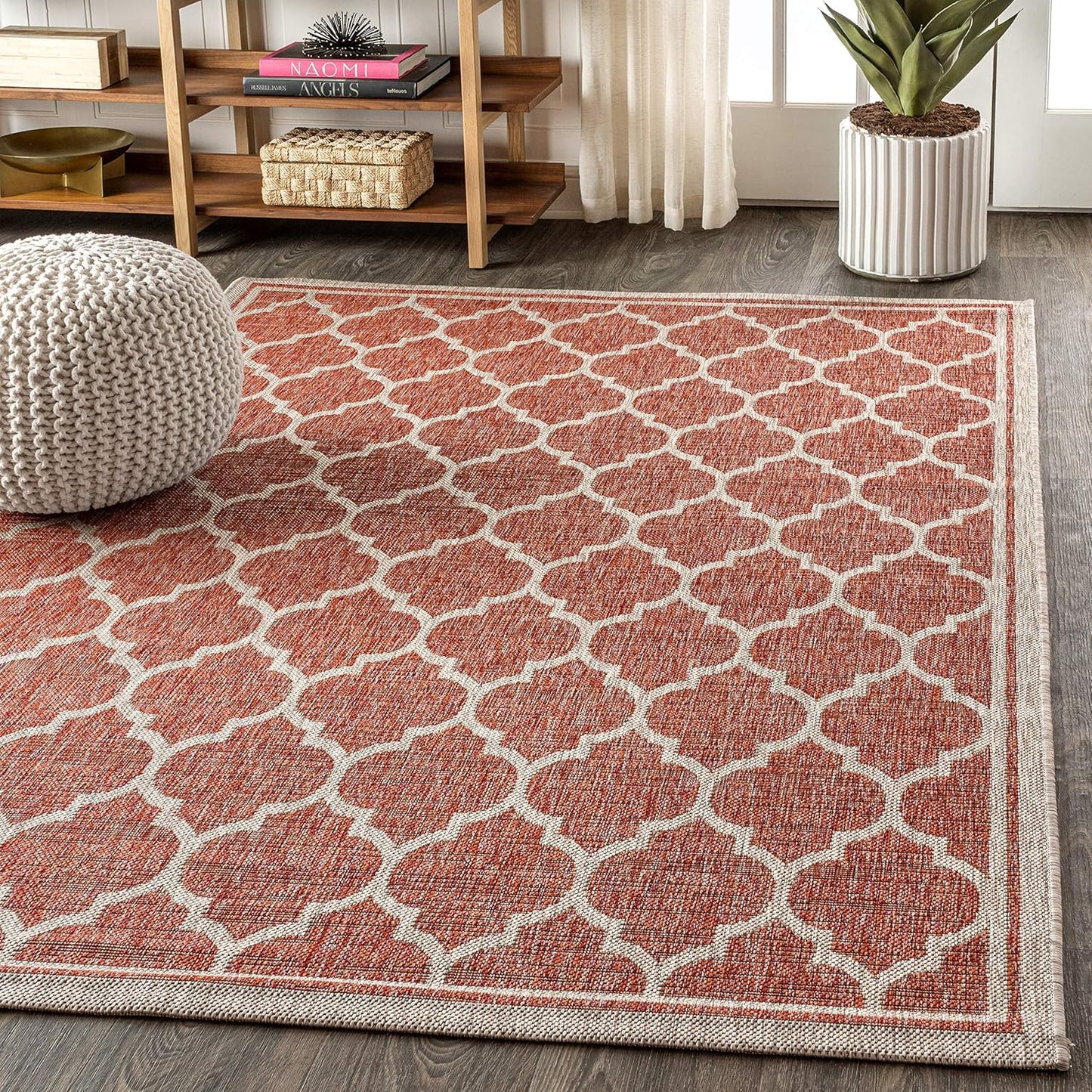 Alfombra marroquí enrejada 8x10ft rojo/beige texturizado