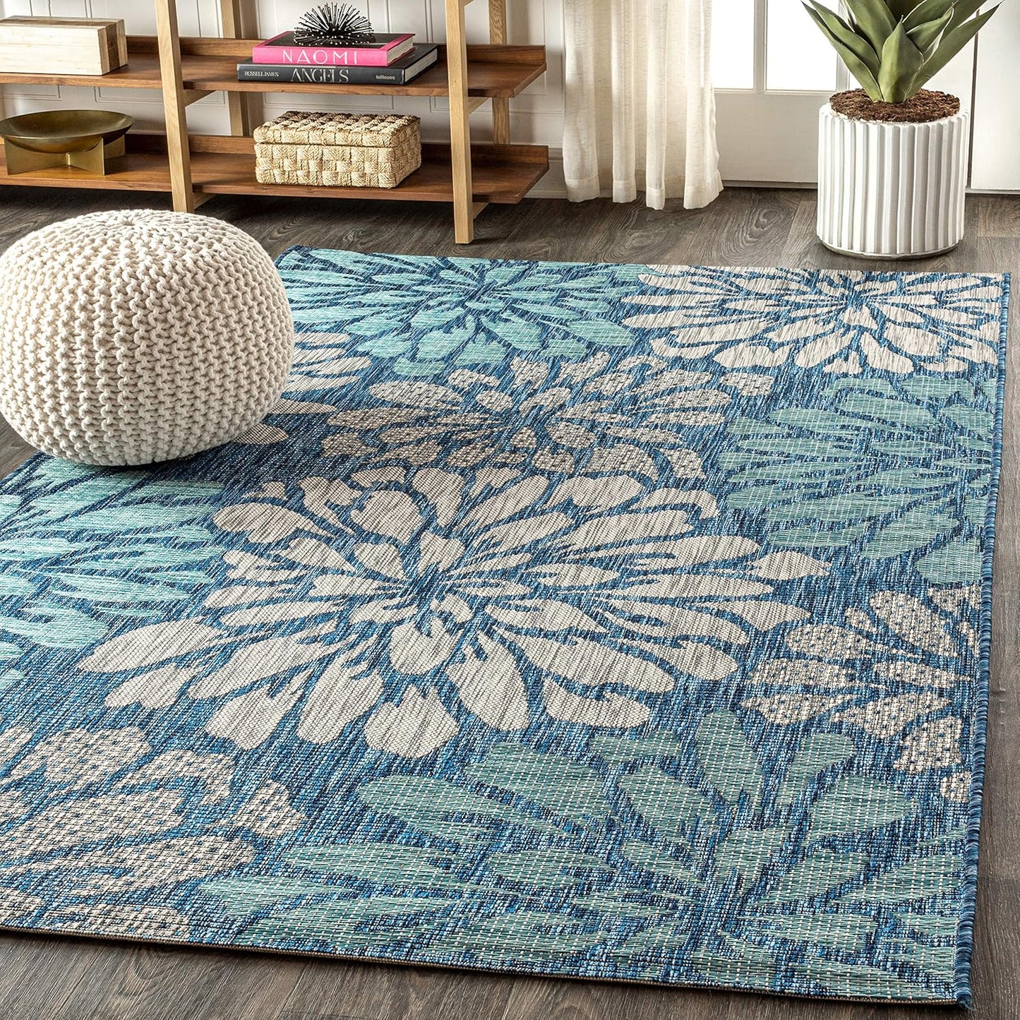 Alfombra textura floral 5x8ft azul marino patio exterior